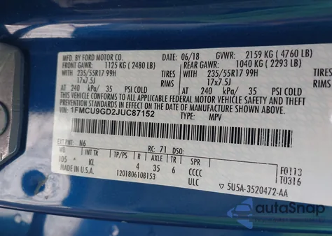 2018 Ford Escape Se from USA, damaged, VIN 1FMCU9GD2JUC87152